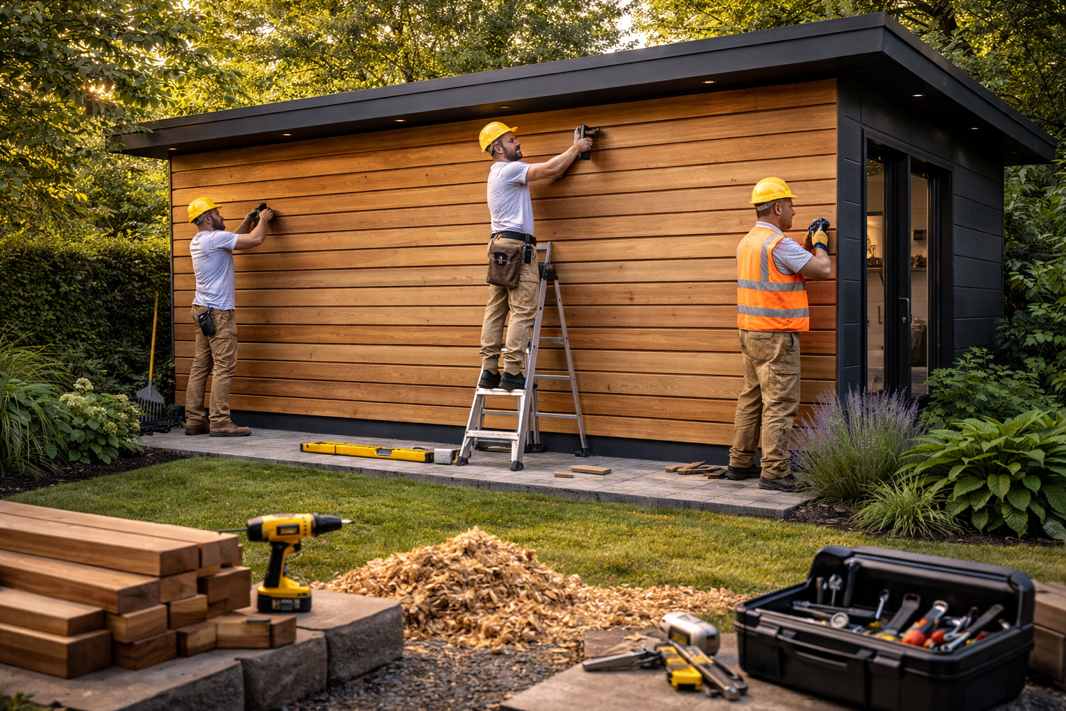 Arbeiter beim Befestigen von Holzverkleidung