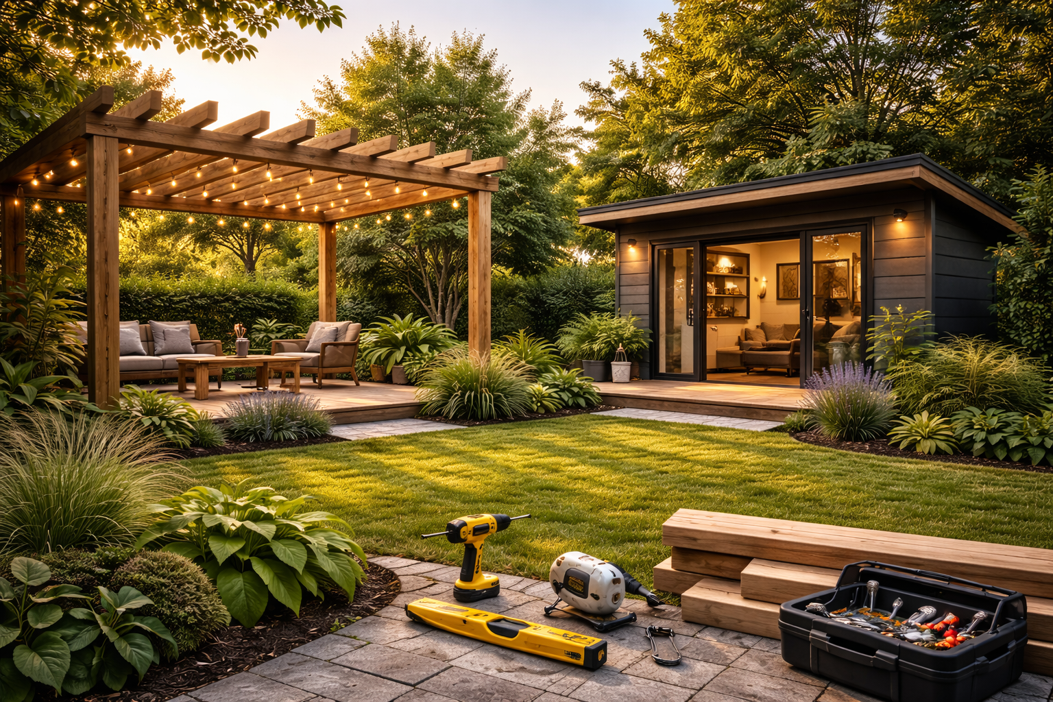Gartenhaus und Pergola im Sonnenuntergang