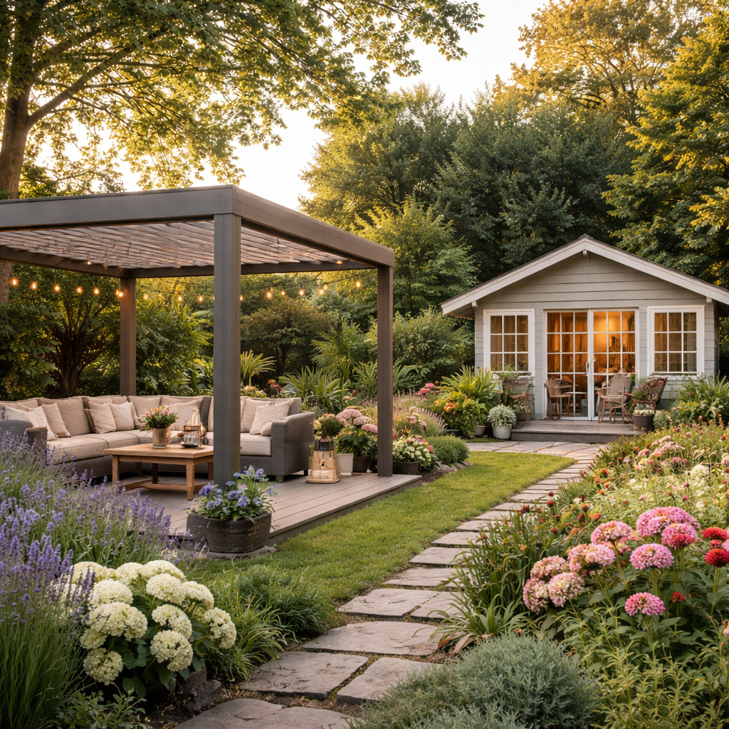 Gartenparadies mit Pavillon und Schuppen