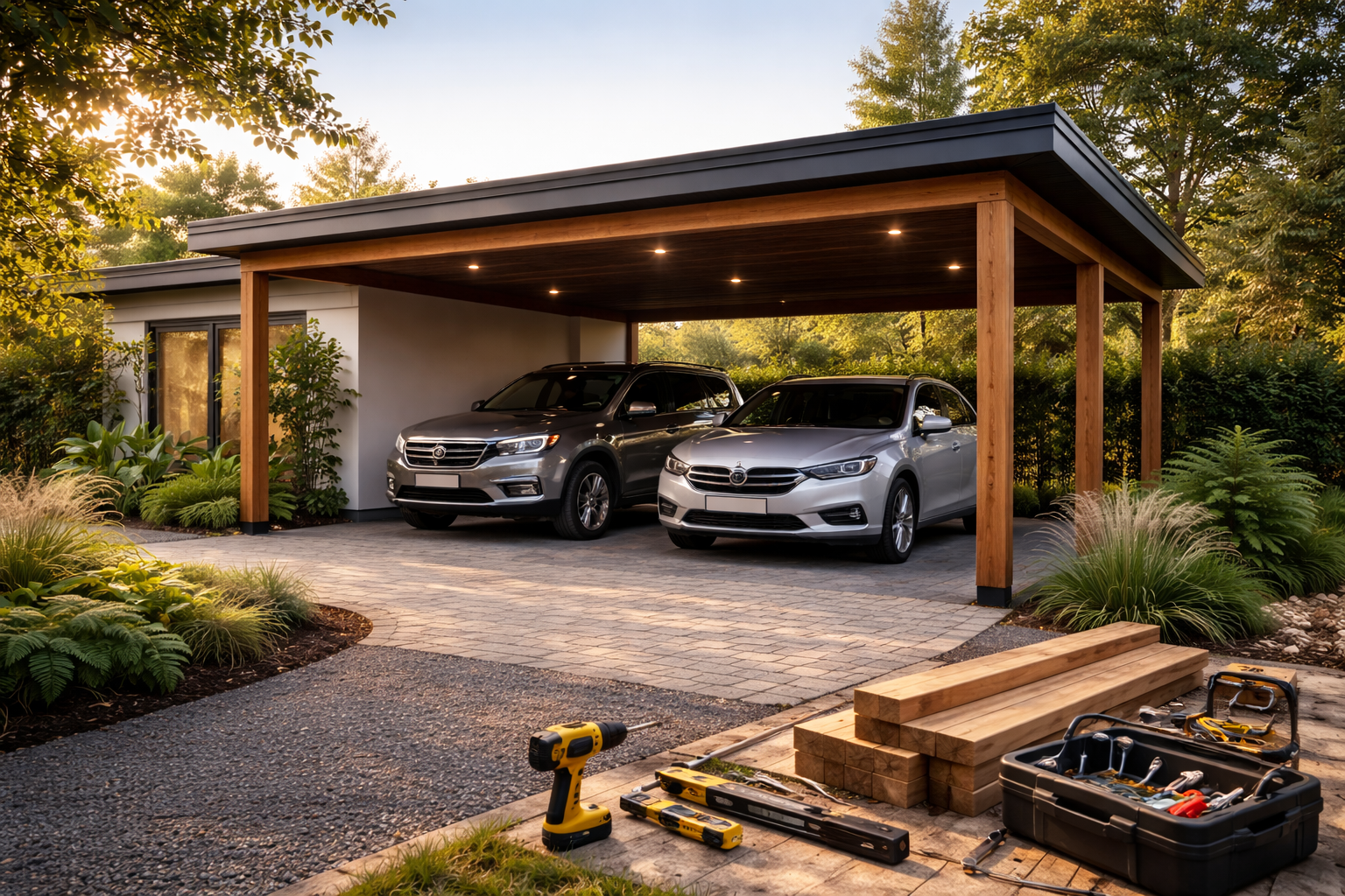 Moderne Doppelgarage am Abend