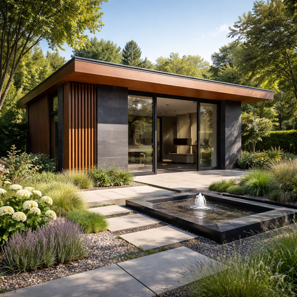 modernes Gartenhaus oder Sichtschutzelement mit sauberer Holzverkleidung1